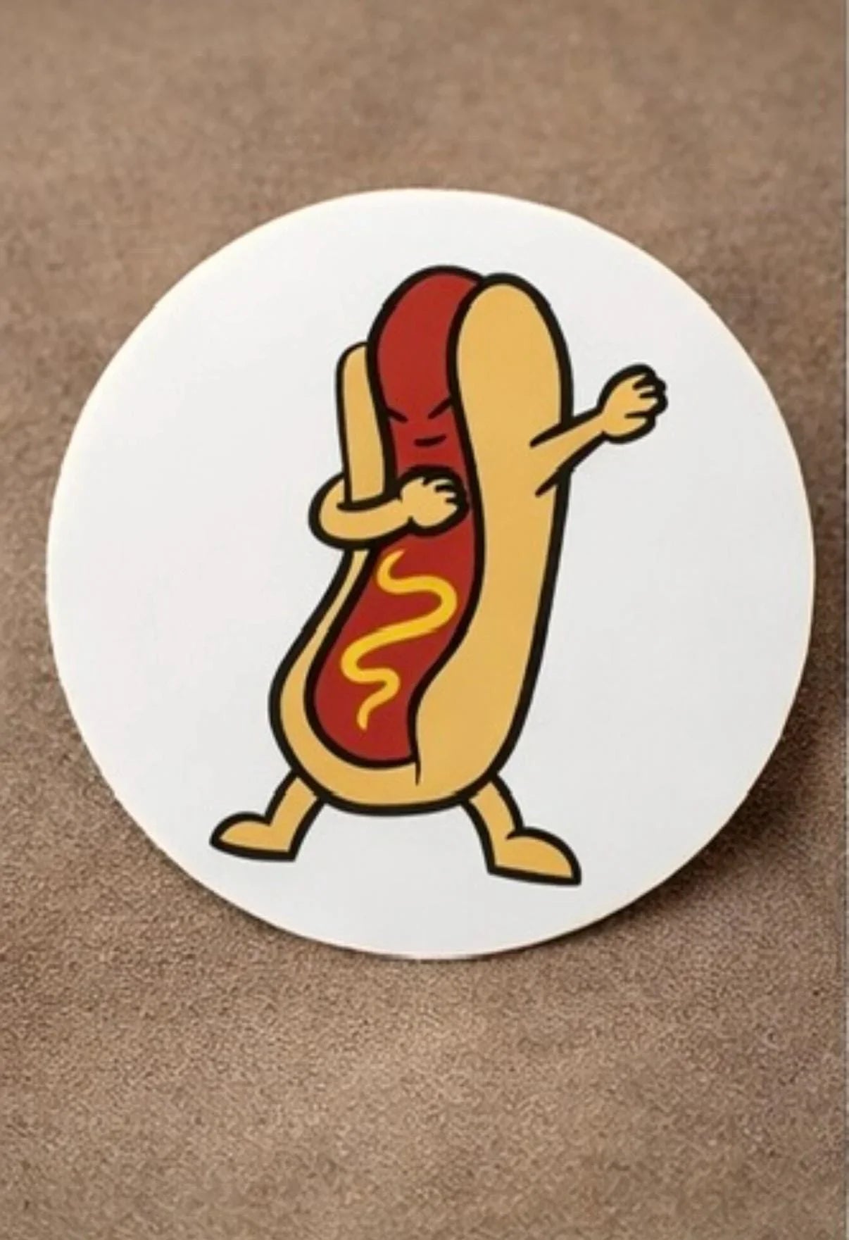 Funny hot dog cartoon sticker with mustard, dabbing pose on white background