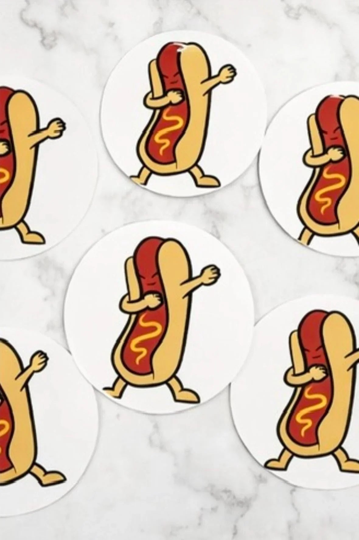 Funny hot dog stickers with dabbing pose on white marble background