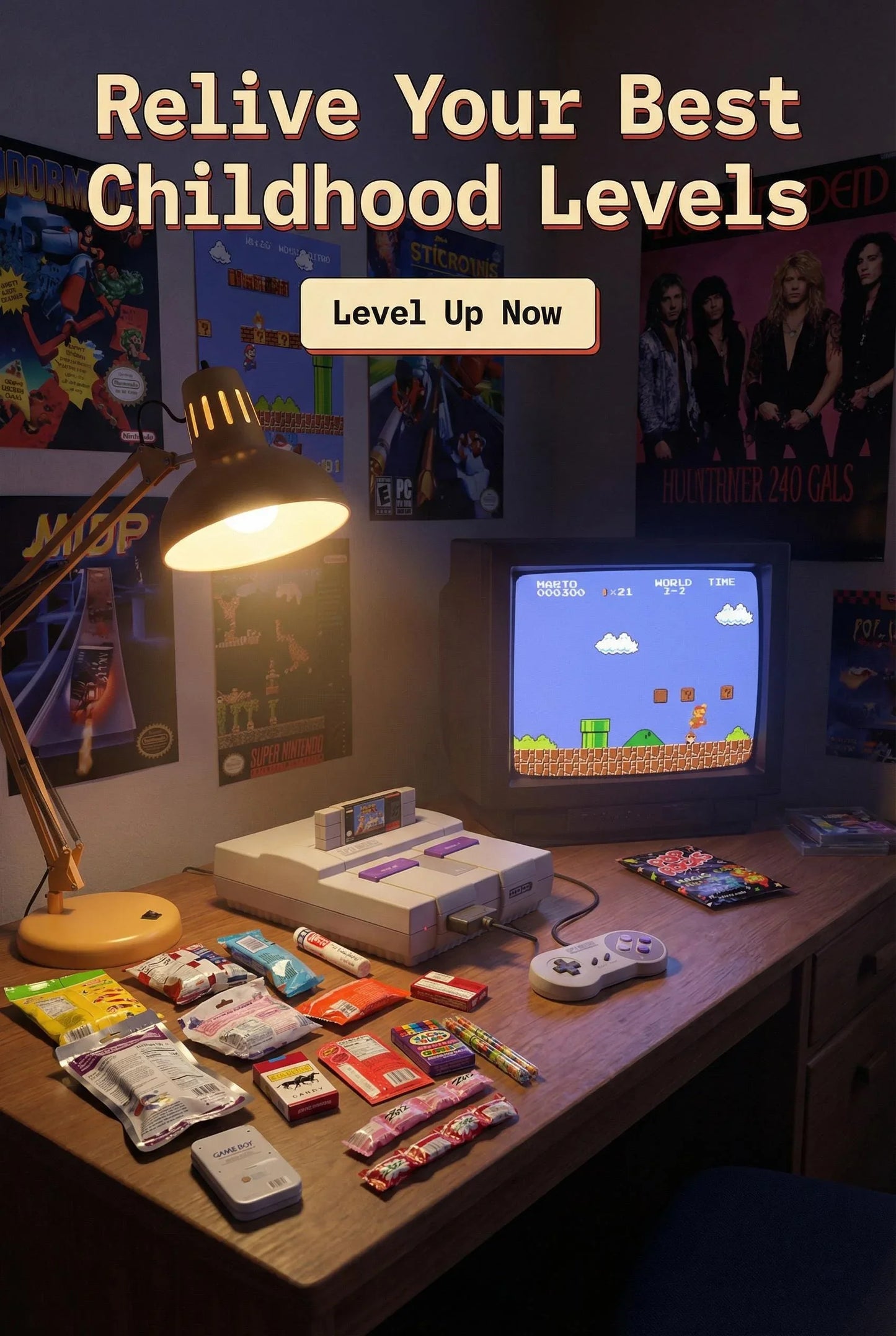Retro gaming setup with Super Nintendo, vintage TV playing Mario, and nostalgic snacks on a desk.