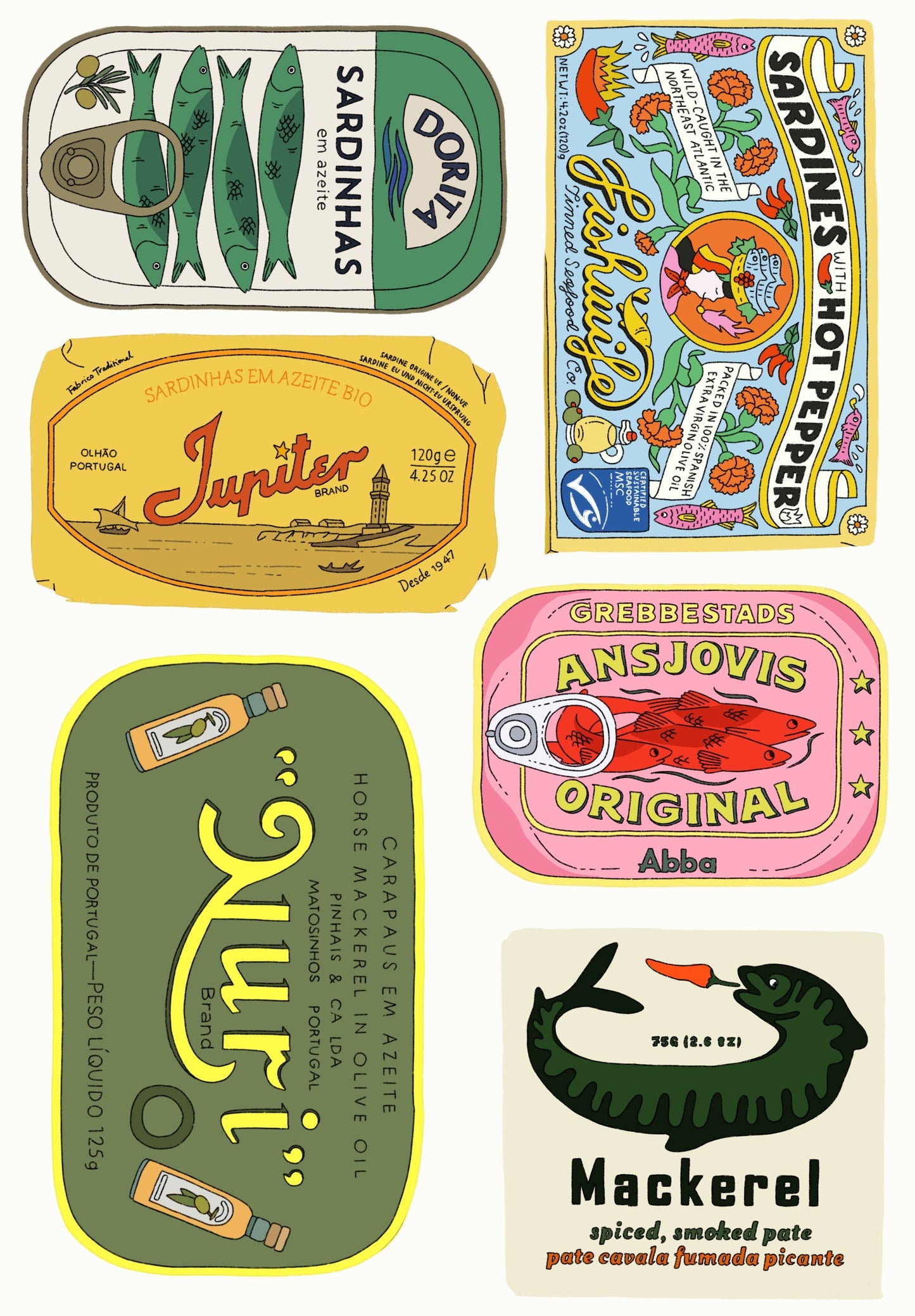 Inviting Affairs Paperie Trinkets Tinned Fish Sticker Pack, 6 Retro Vinyl Stickers