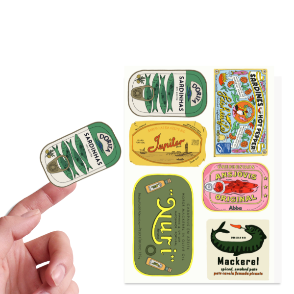 Inviting Affairs Paperie Trinkets Tinned Fish Sticker Pack, 6 Retro Vinyl Stickers