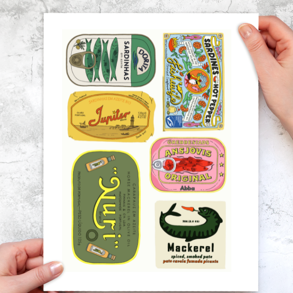Inviting Affairs Paperie Trinkets Tinned Fish Sticker Pack, 6 Retro Vinyl Stickers