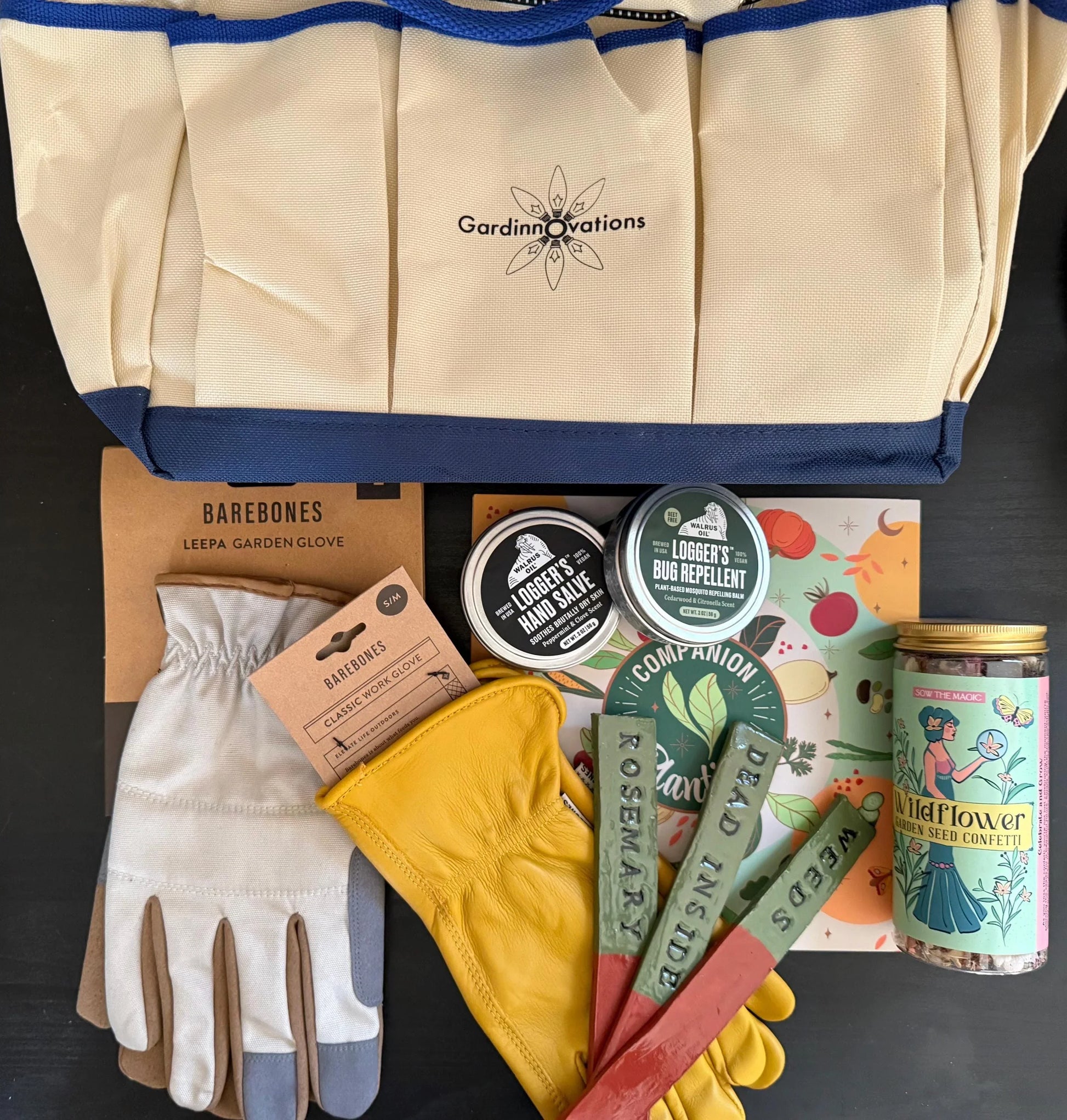 Gardening gift set with gloves, hand salve, bug repellent, plant markers, and seed confetti