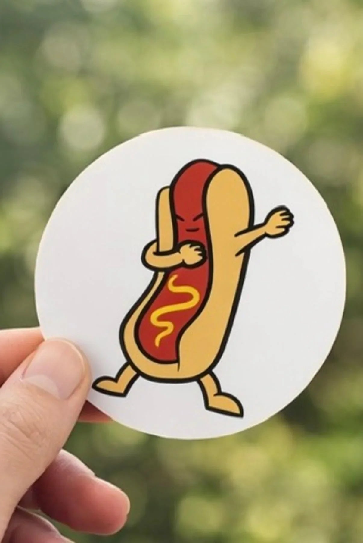 Hand holding a round sticker with a cartoon hot dog dabbing, mustard detail on sausage