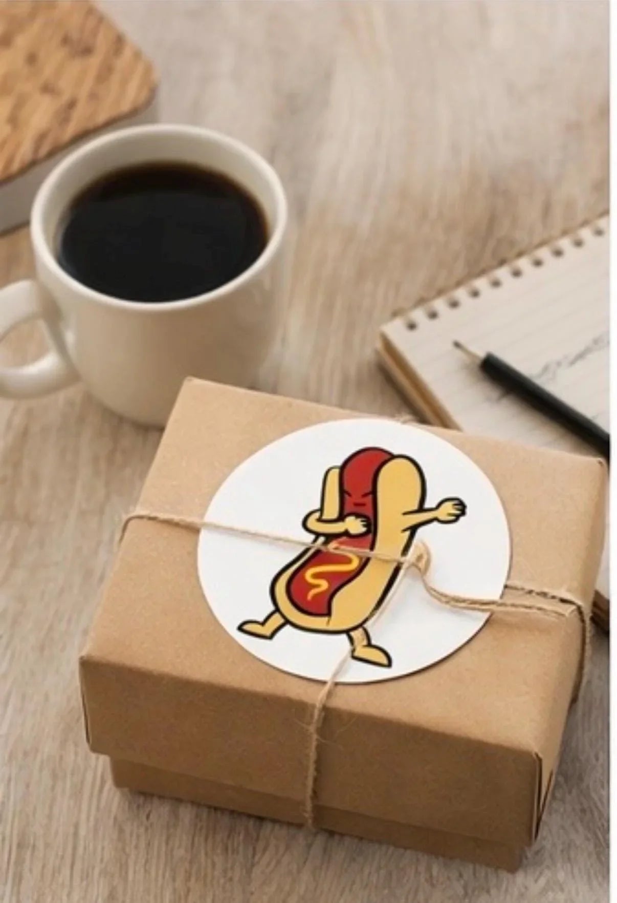 Gift box with dancing hot dog sticker, coffee cup, and notebook on wooden table