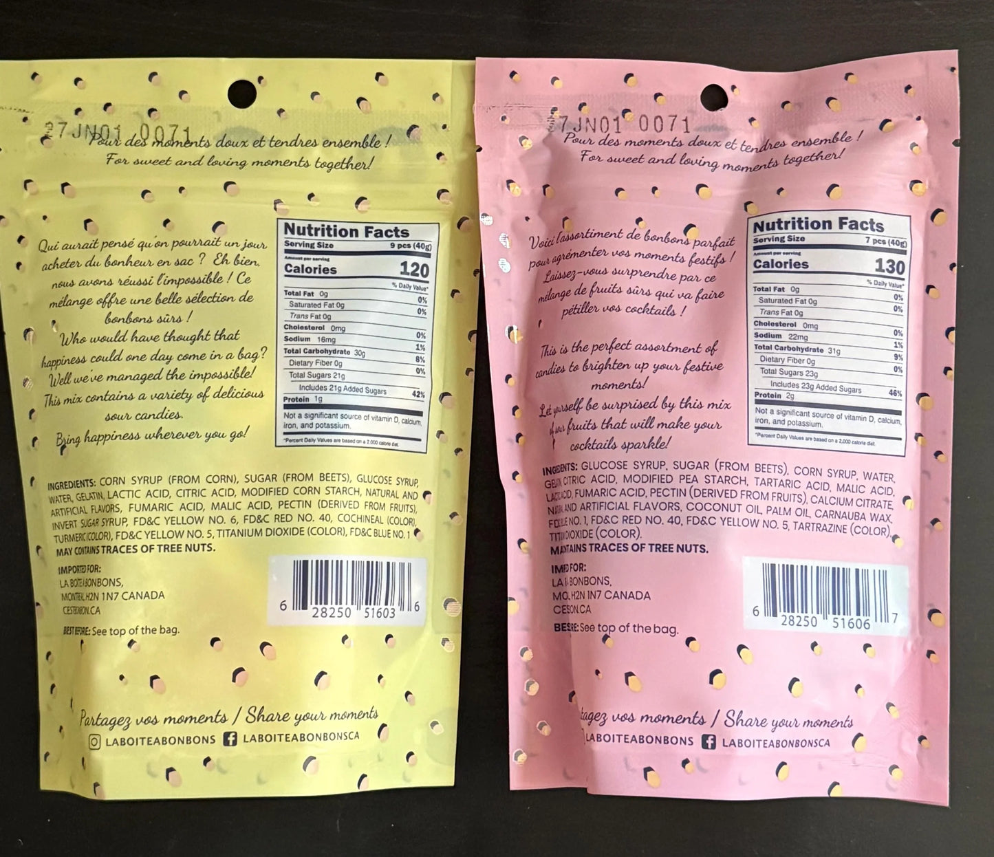 Back of two colorful candy bags with nutrition facts, ingredients, and playful dot patterns