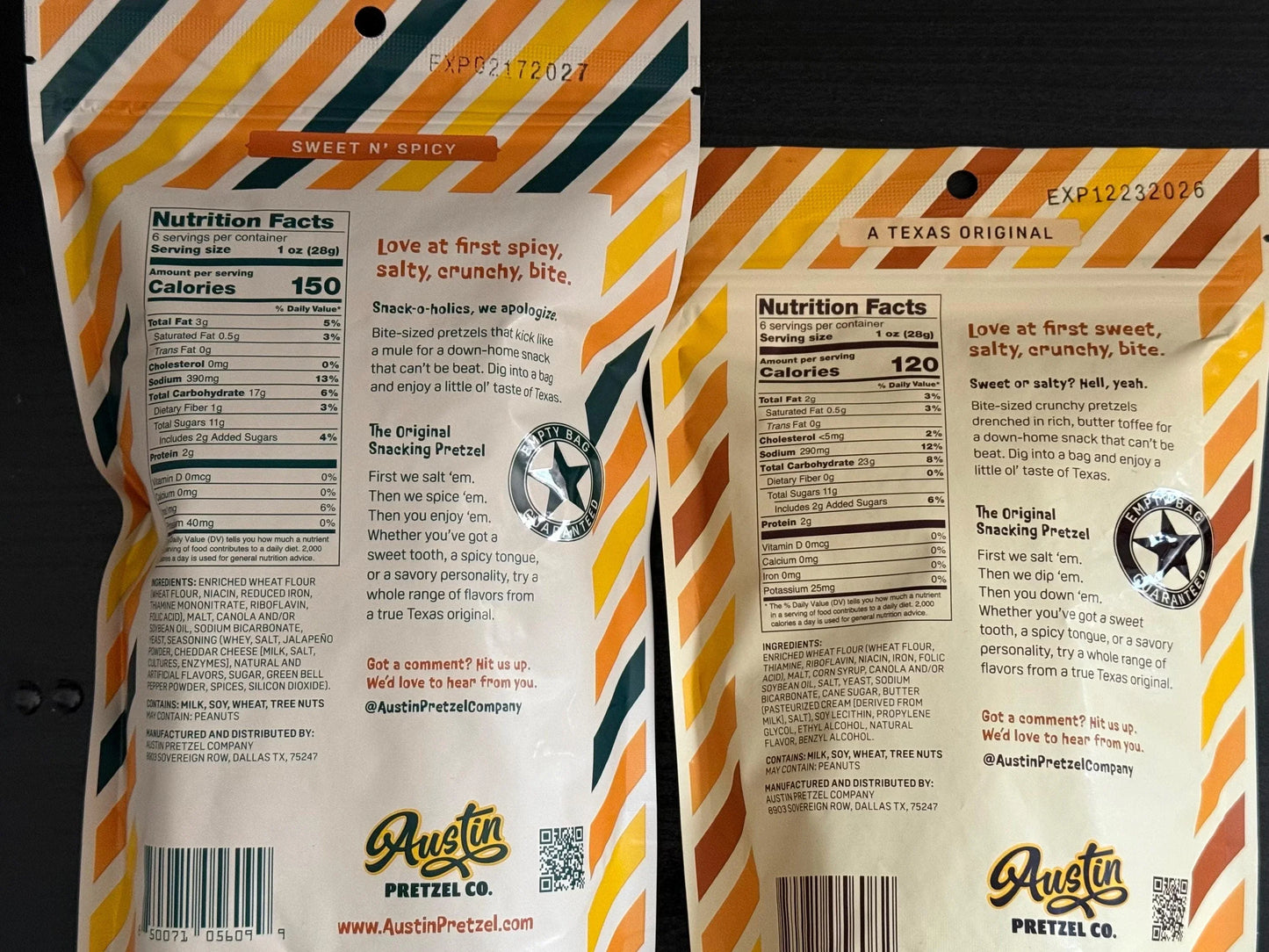Back view of two Austin Pretzel Co. snack bags showing nutrition facts and ingredients