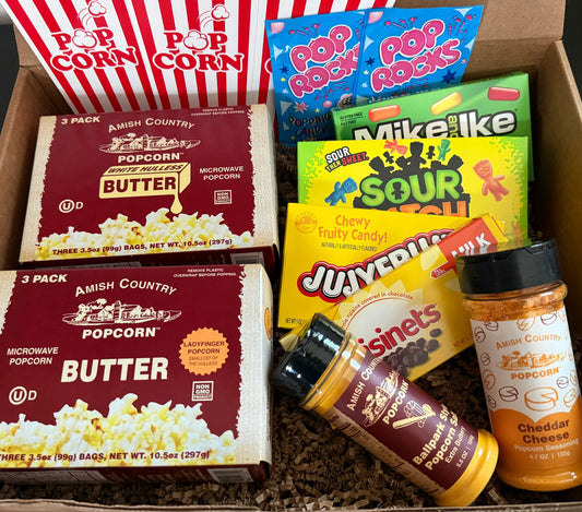 Gift box with Amish Country microwave popcorn, popcorn seasonings, candy, and snacks.