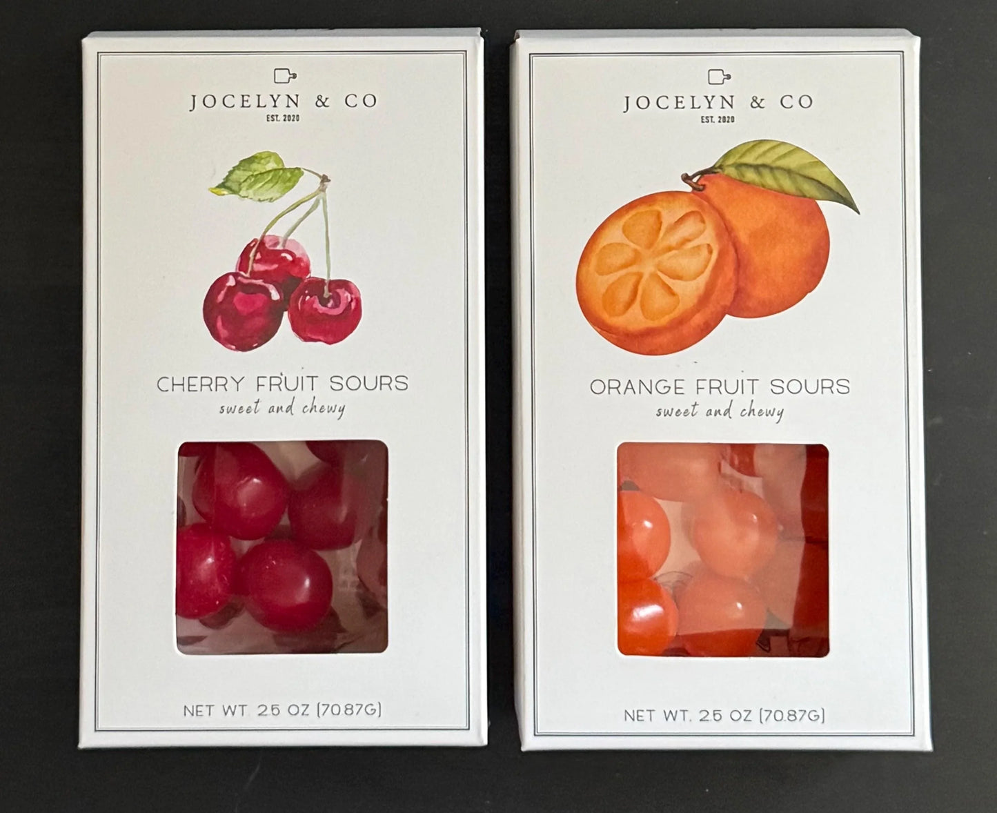 Cherry Fruit Sours and Orange Fruit Sours boxed candies, sweet and chewy, Jocelyn & Co.