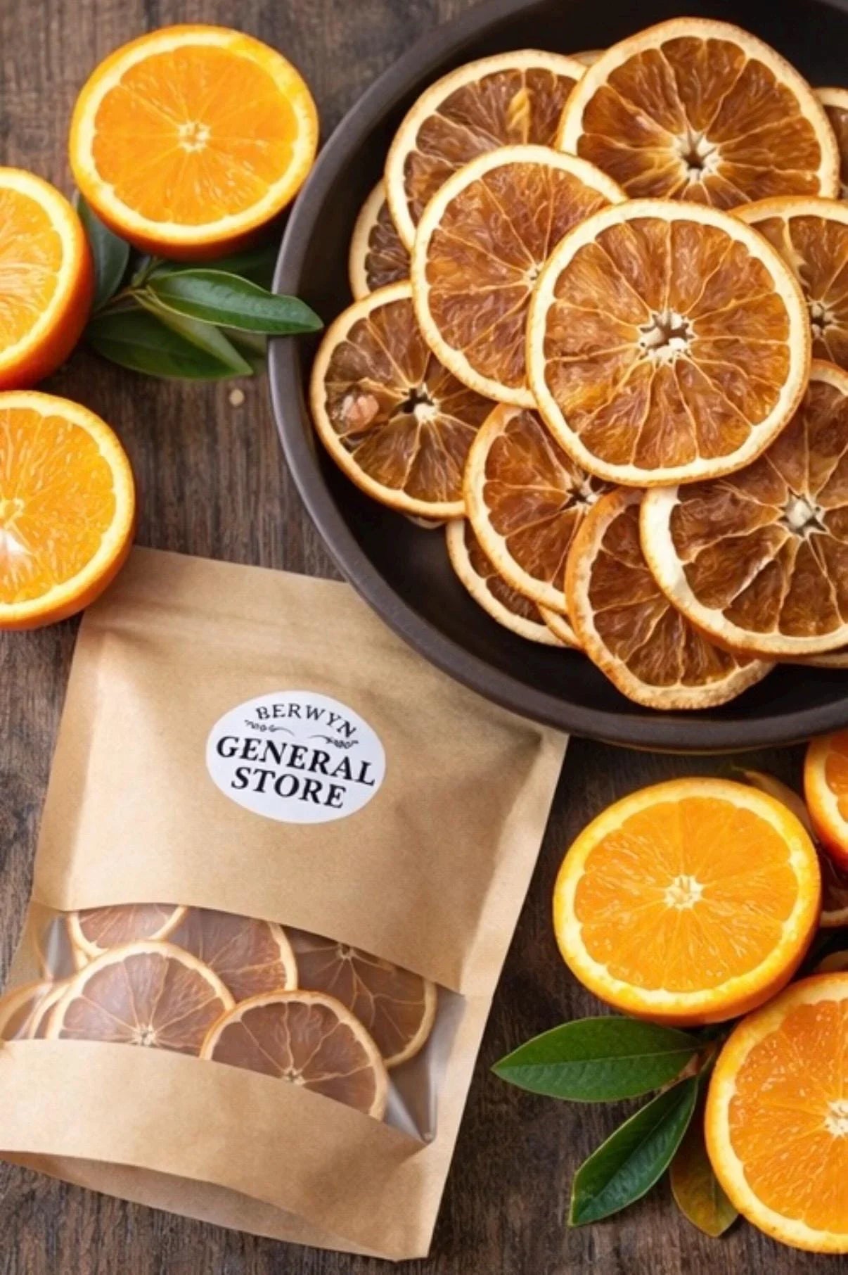 Dried orange slices in a bowl, fresh oranges, and a kraft pouch on wood table