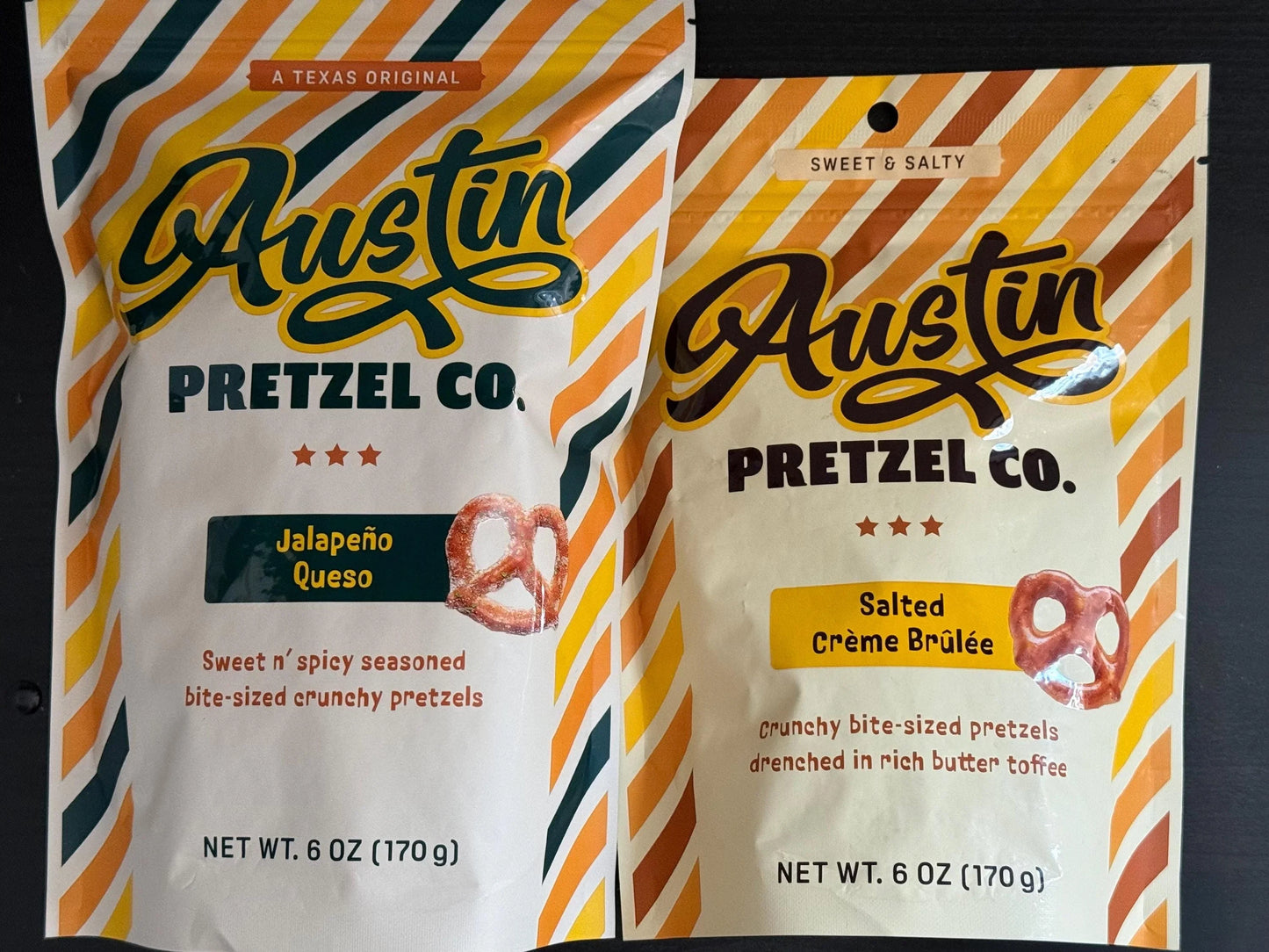Austin Pretzel Co. Jalapeño Queso and Salted Crème Brûlée bite-sized crunchy pretzels, 6 oz packs